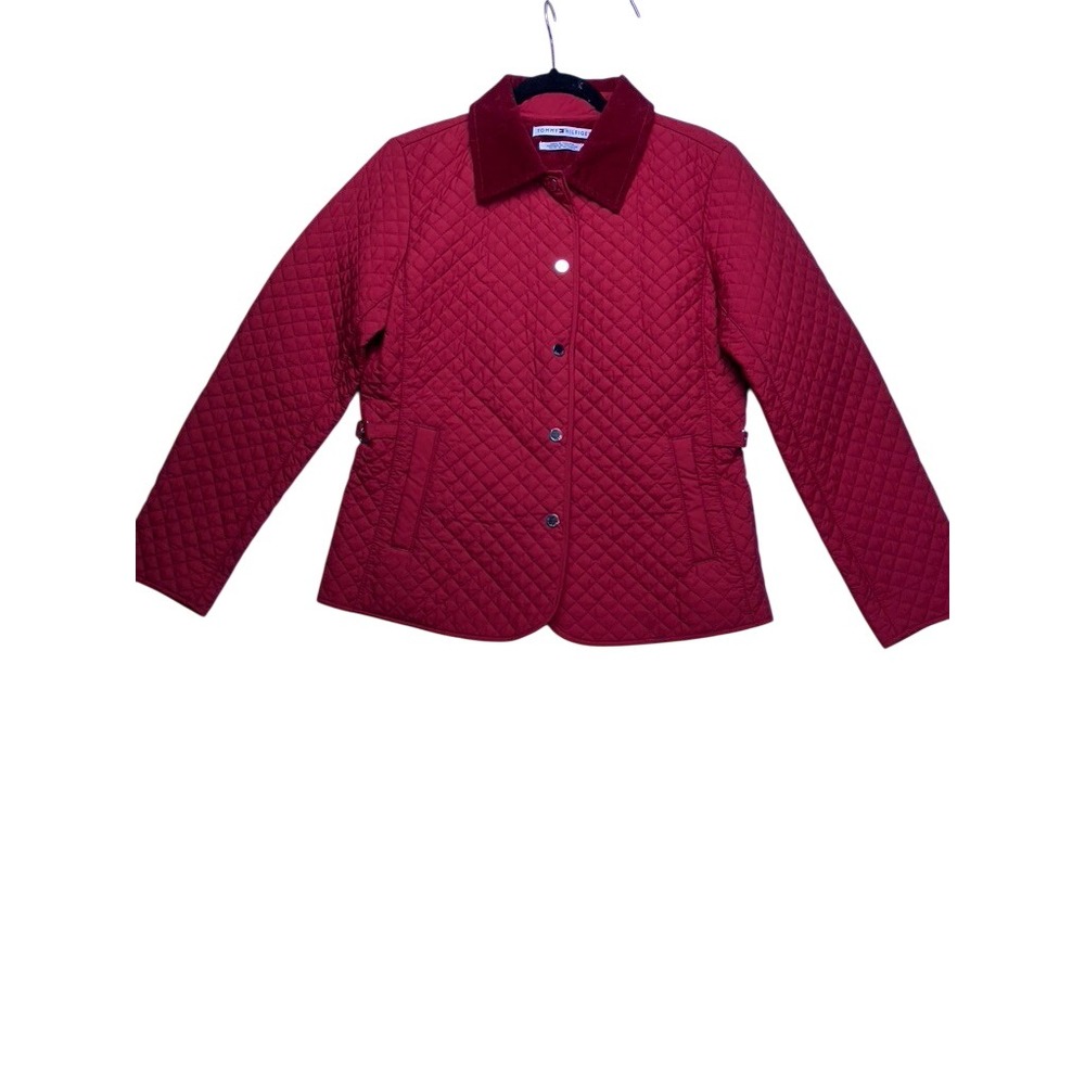 Tommy Hilfiger Quilted Jacket Womens Medium Red Corduroy Trim Barn Coat 4758 - Picture 1 of 7